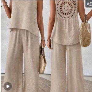 Two-Piece Set of Sleeveless Top with Open Crochet Back & Wide Leg Pant in Khaki
